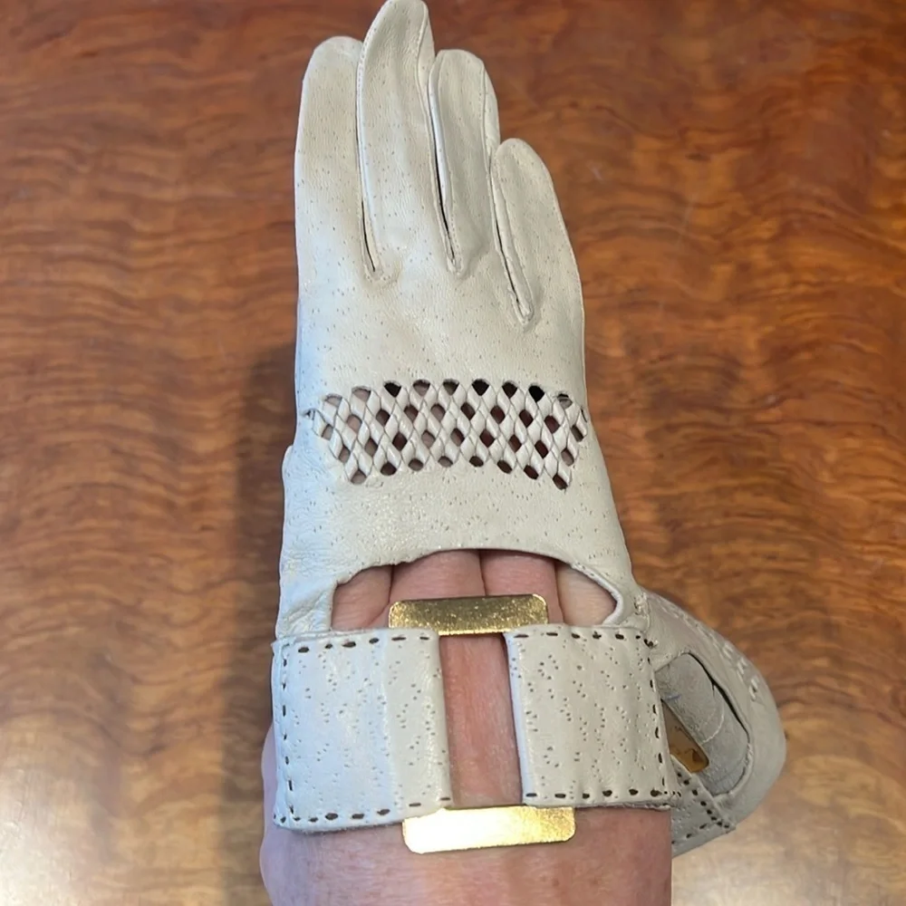Van Raalte Sz 6.5 Vintage 8”Taupe Leather Lazer Goldtone Hardware Driver Gloves